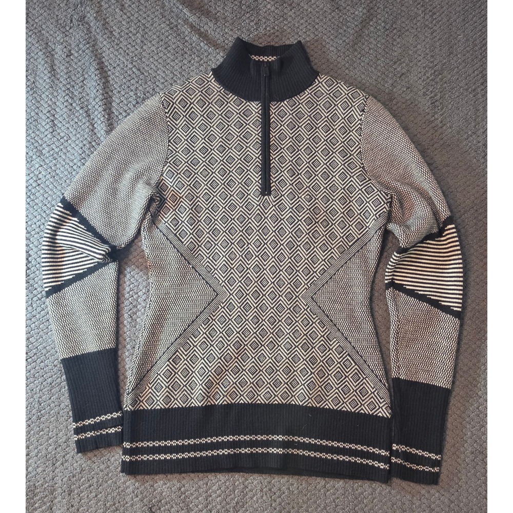 Smartwool Womens Merino Wool Blend 1/4 Zip Geometric Diamond Sweater Black White